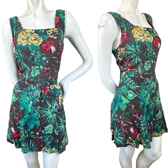 Vintage Pants - Vintage 90s Tropical Palm Leaf Print Romper Button Down Skirt Front Detail 13/14